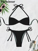 XS - L Halter High Leg Cut Bikini Female Swimsuit Women Swimwear Two-Pieces Bikini Set Strappy Bather Bathing Suit Swim V8276
