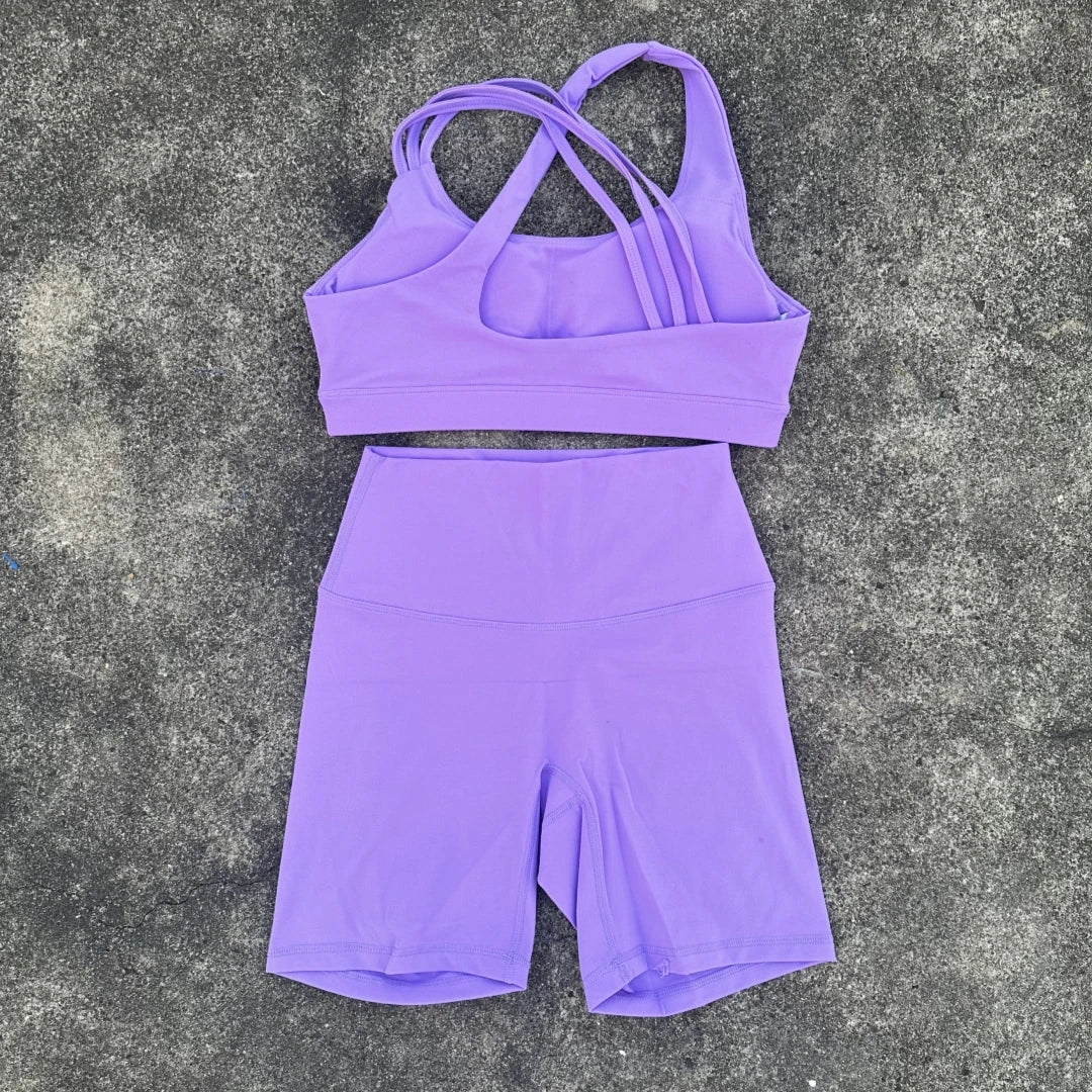 Solid Color Soft Tight Women Gym Yoga Short Legging Cycling Set High Impact Cross Back Shoulder Strap Fitness Sports Bra Workout