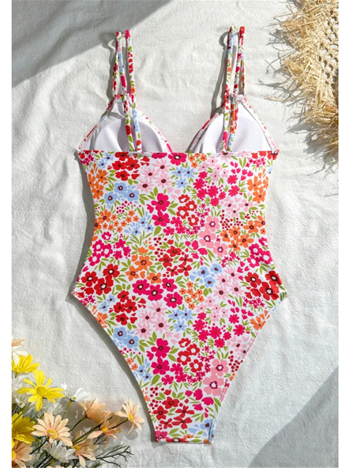 S - XL Floral Flower Printed V Neck One Piece Swimsuit Women Swimwear Female High Cut Leg Padded Bather Bathing Suit Swim V8150