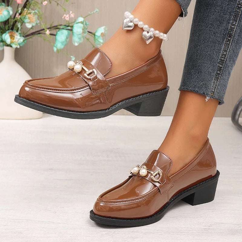 Office Ladies Patent Leather Oxford Shoes Plus Size 43 Pointed Toe Thick Heel Pumps Women British Style Slip On Student Shoes