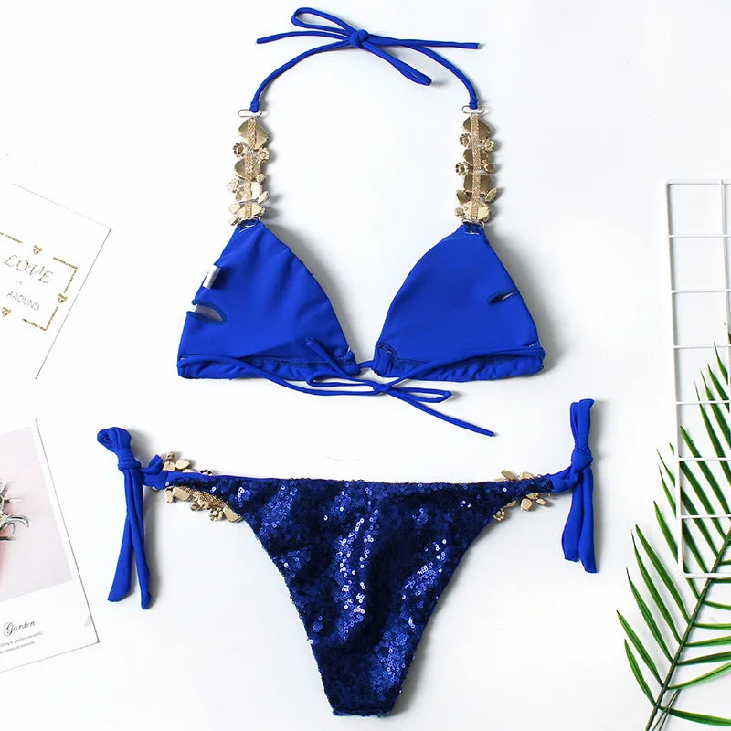 Shiny Sequins Rhinestone Diamond Bikini Women Swimsuit Female Swimwear Two Pieces Bikini Set Halter Bather Bathing Suit Swim