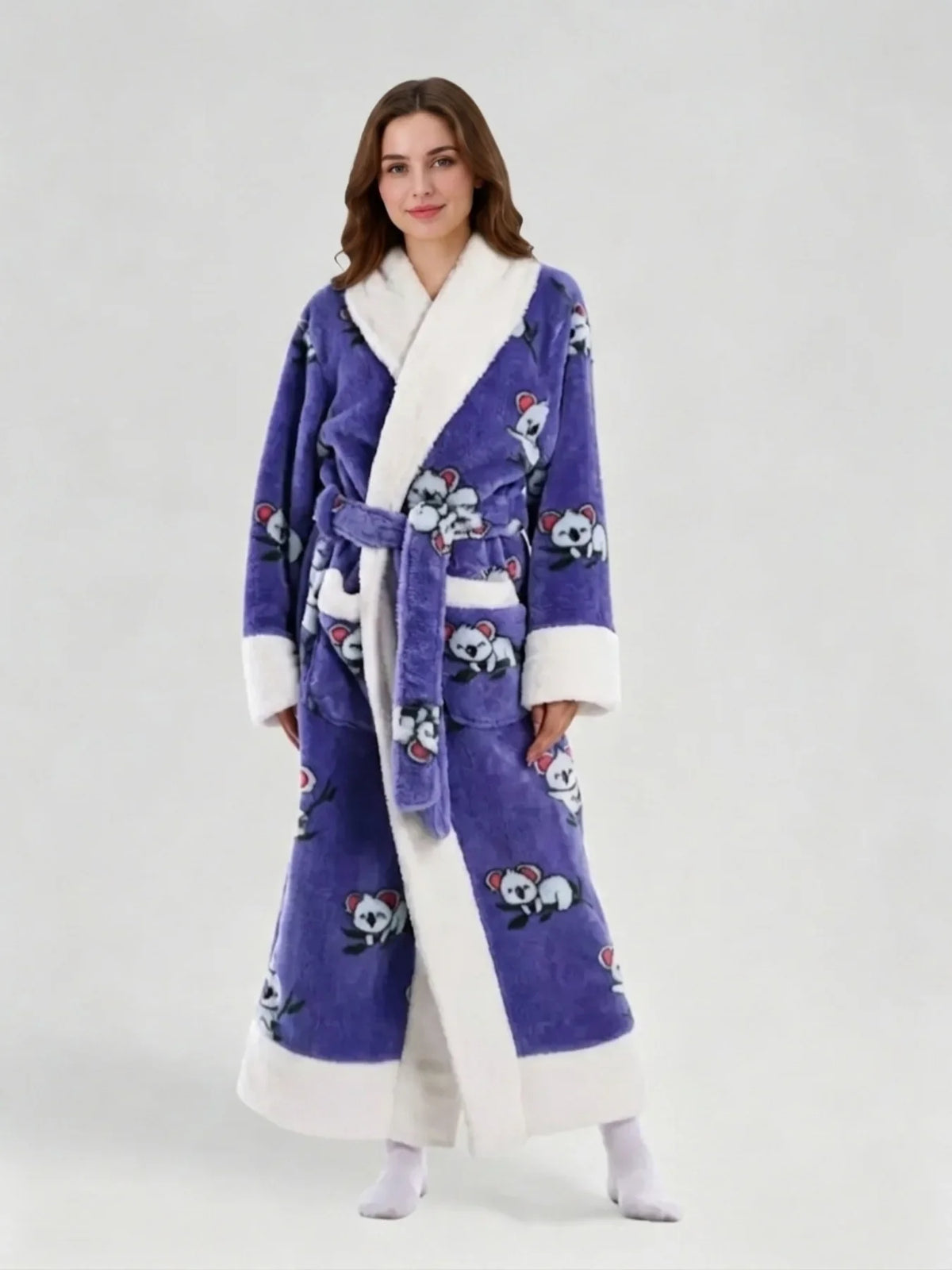 Warm Flannel Long Couples Robe Autumn Winter Color Block Lapel Funny Cartoon Print Bathrobe with Double Pockets Loungewear