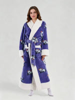Warm Flannel Long Couples Robe Autumn Winter Color Block Lapel Funny Cartoon Print Bathrobe with Double Pockets Loungewear