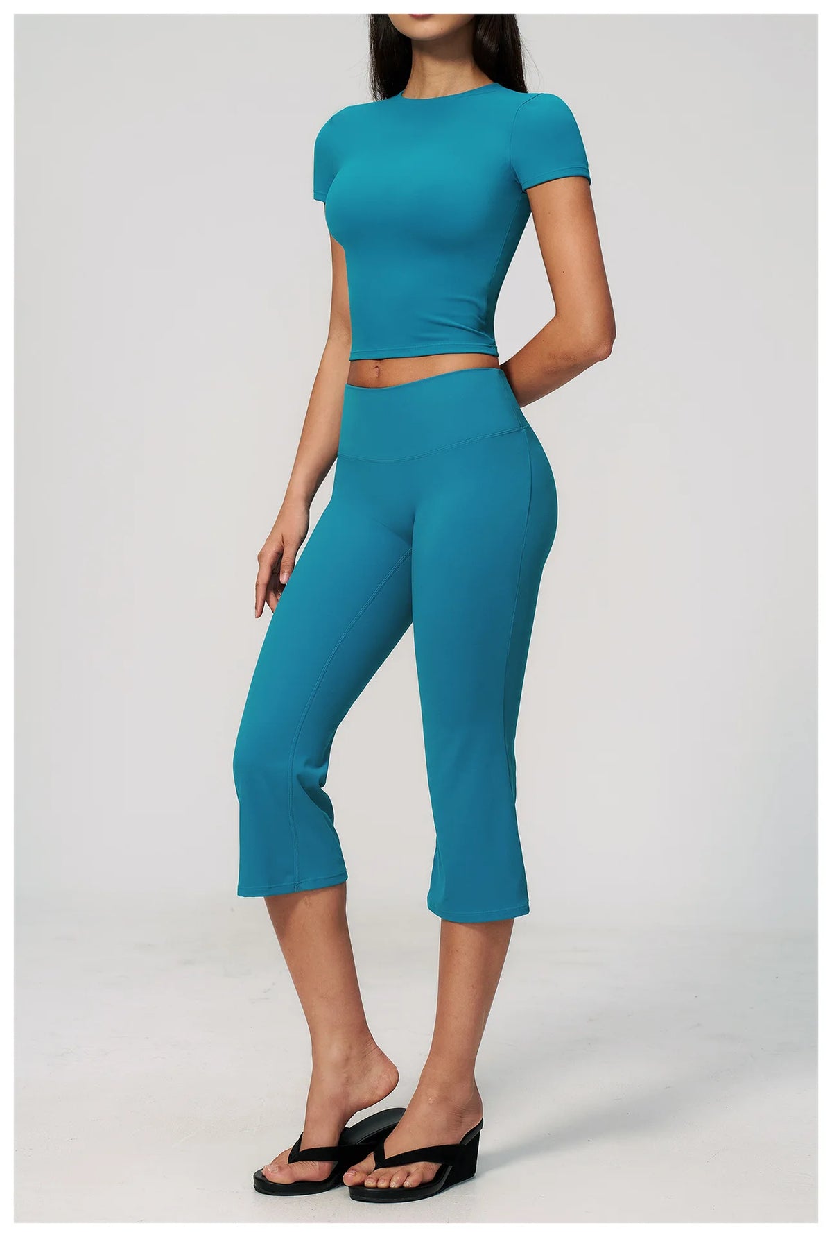 Yoga Set for Women High Waist Hip Lifting Tight Mid Pants Fitness Suit Short Sleeve O Neck Slimming Sports T Shirt Athletic Wear