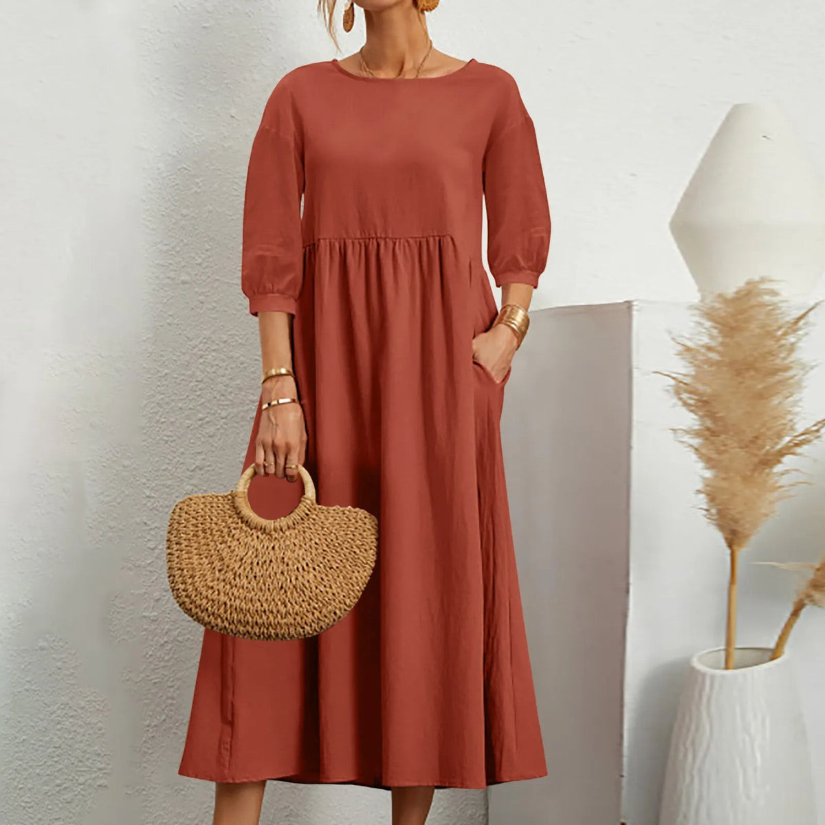 Womens Casual Summer Cotton Dress With Pockets 3/4 Sleeve Loose Midi Shirt Dress Women Dresses With Short Sleeves Vestidos