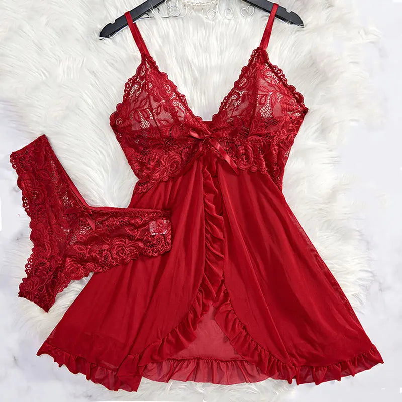 Summer Plus Size Thong Set 2-Piece Women's Underwear With Nightgown And Panties XXL Soft Ultra-Thin Sexy Lingerie Night Pants
