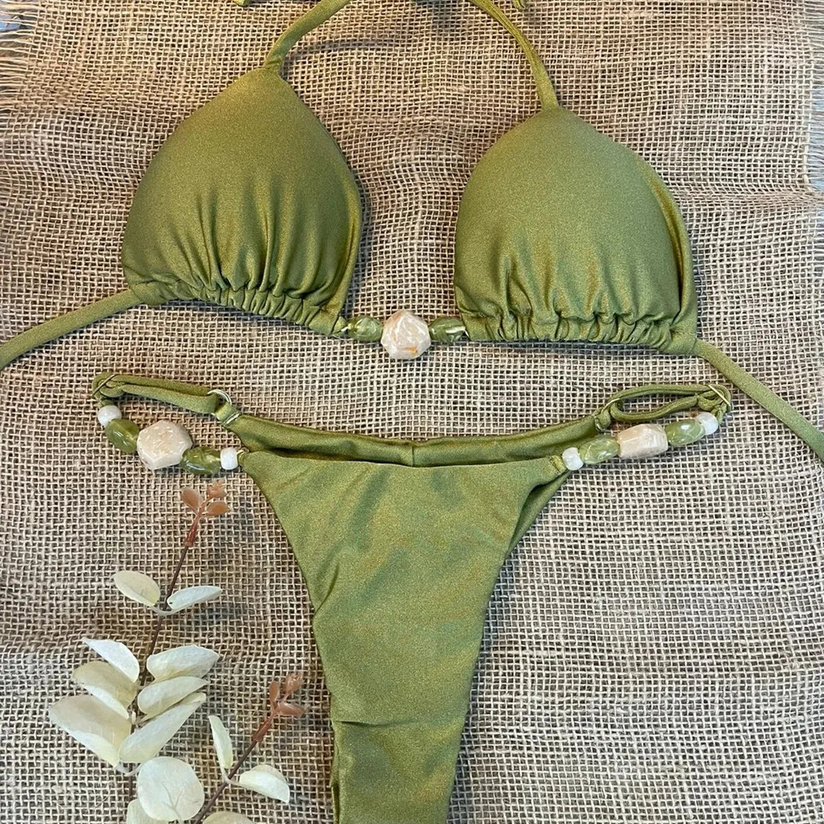 Shiny Halter High Leg Cut Beads Bikini Women Swimwear Female Swimsuit Two-pieces Bikini Set Padded Bather Bathing Suit Swim Lady