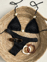 Sexy Beige Black Micro Bikini Set 2026 Women Pearls Strap Push Up Bra Pleate Thong Swimsuit Beach Bathing Suit Holiday Swimwear