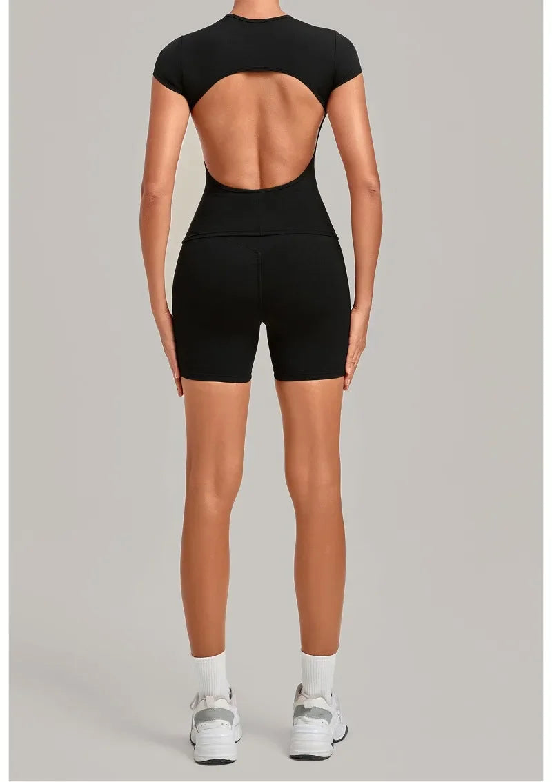 Women's Seamless Yoga Sets Sports Fitness Workout Hip-lifting High Waist Shorts Backless Short-sleeve Vest Suit Gym Training Set
