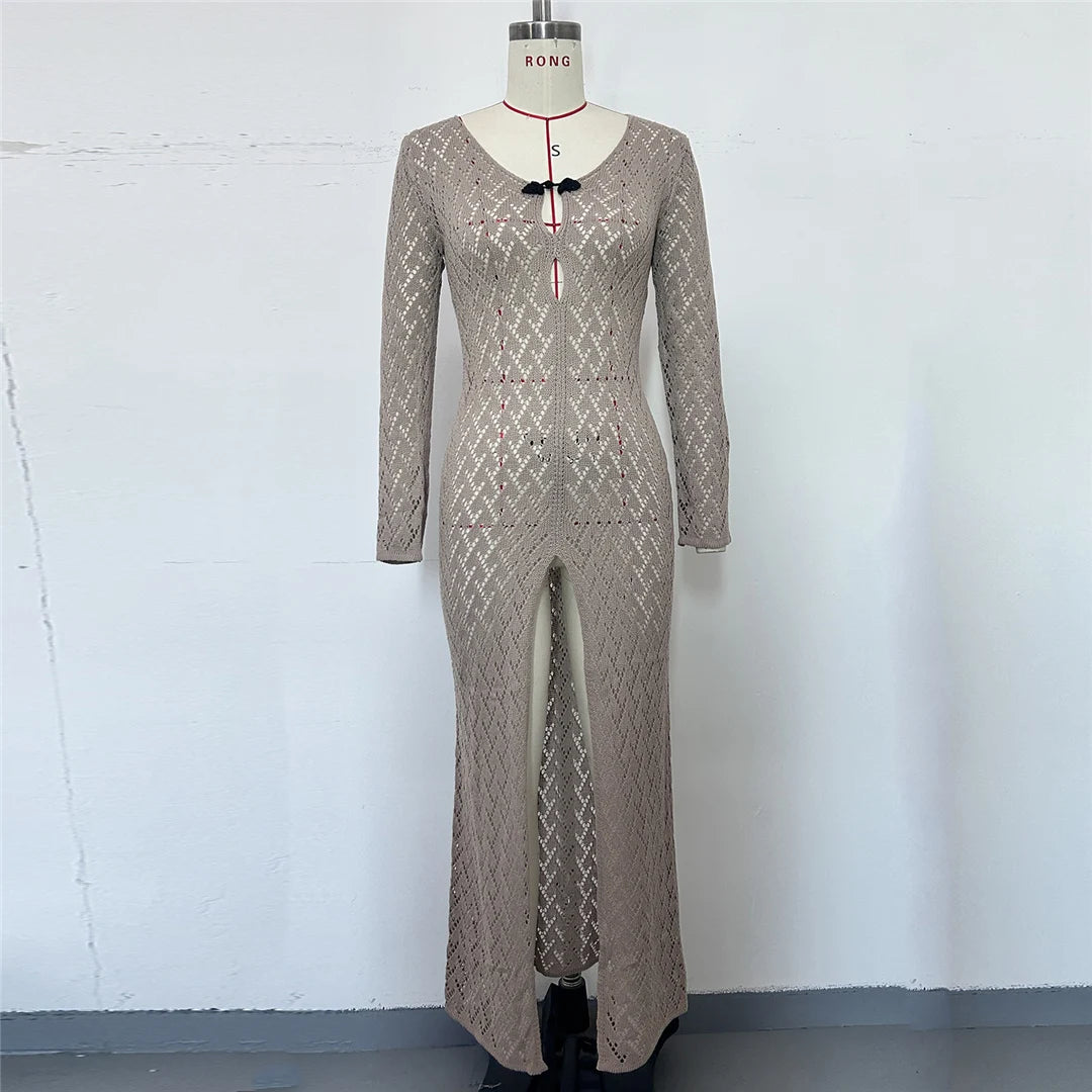 3 Colors Long Sleeve Cut Out Crochet Knitted Tunic Beach Cover Up Cover-ups Beach Dress Beach Wear Beachwear Female Women K6536