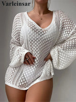 S - XL New V Neck Long Sleeve Crochet Knitted Tunic Beach Cover Up Cover-ups Beach Dress Beach Wear Beachwear Female Women V8284