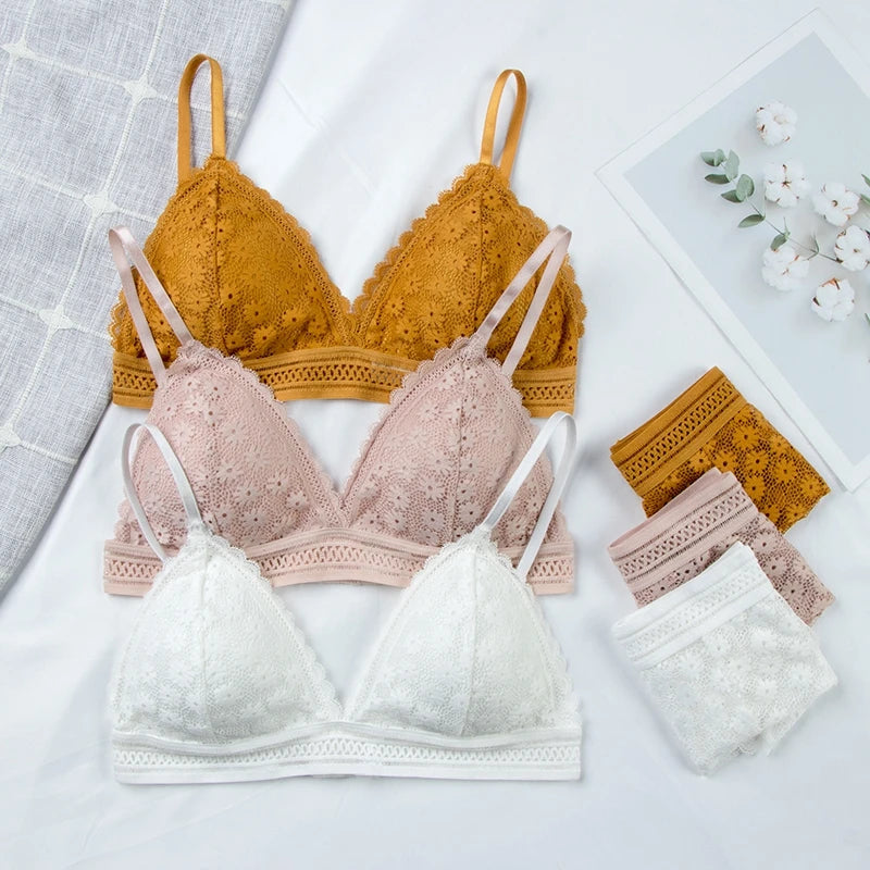 Women Floral Lace Bras Suit Solid Underwear Padded Breathable Vest With Briefs Sexy Hollow Out Bralette Thin Lingerie One Size