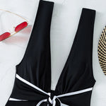 Black One Piece Swimsuit for Women 2026 Summer New Bikini,high Waist Contrast Belt Swimwear,deep-V Neck Backless Bathing Suit