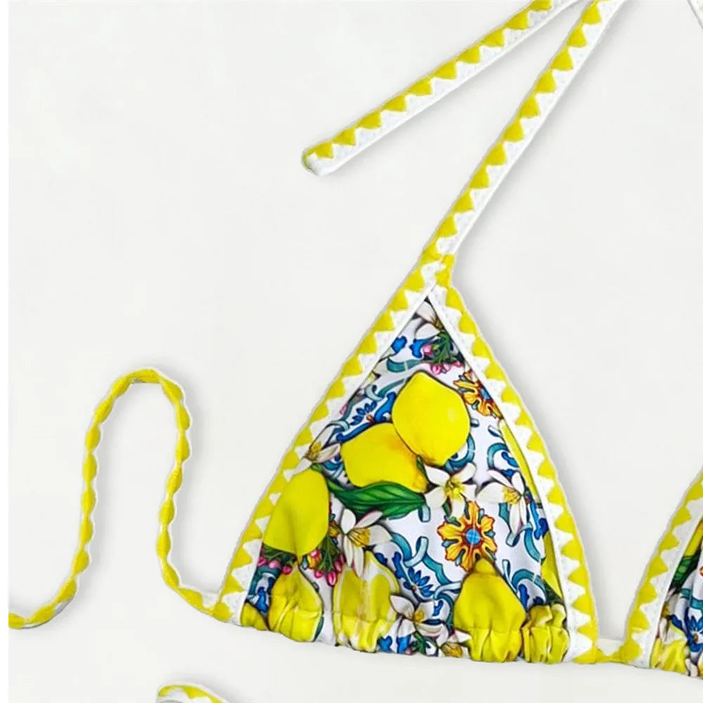 Lemon Flower Print Swimwear Halter String Triangle Bikini Mini Micro Thong Sexy Swimsuit Women 2026 Bather Bikinis Sets De Mujer