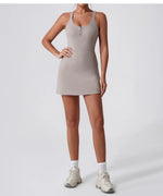 Front Zipper Tennis Dresses Women Summer Sleeveless Sports Athletic Dress Outdoor Cross Backless Pocket Short Workout Skirts