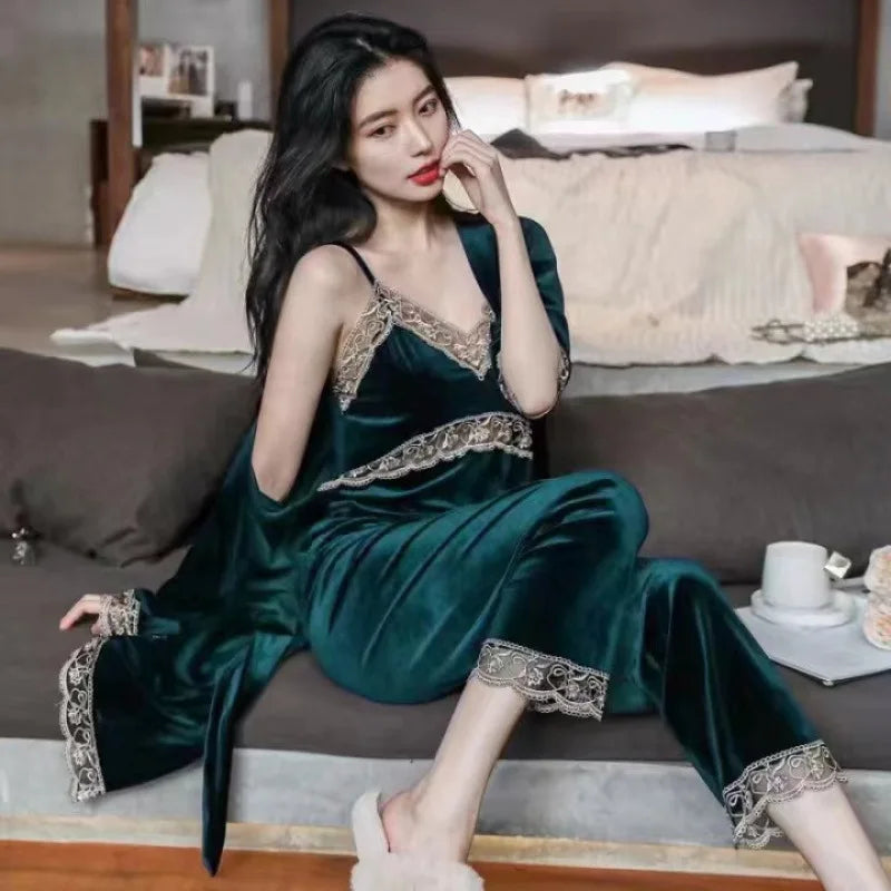 Women's Autumn Winter Golden Velvet Pajamas Set - Sexy Lace Suspender 3-Piece Loungewear with Breast Pads