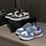 Women Denim Patchwork Star Decor Skate Sneakers Lace‑Up Low Top Thick Sole Fashion Casual Daily Walking Board Shoes For Ladies