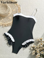Ruffled Frilled Splicing One Piece Swimsuit Women Swimwear Female Monokini High Leg Cut Padded Bather Bathing Suit Swim V7414