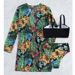 2025 Three Pieces Bikini Set Cover Up Swimwear Women Swimsuit Print Long Sleeve Push Up Bathing Suit Beachwear Swimming Biquini