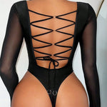 Long Sleeve Lace Up Mini Micro Thong One Piece Swimsuit Women Swimwear Female Strappy Backless Bather Bathing Suit Swim V5685