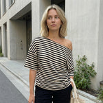 Women Elegant Summer Off One Shoulder Tops Striped Short Sleeve Loose Fit Basic T Shirts for Daily Wear