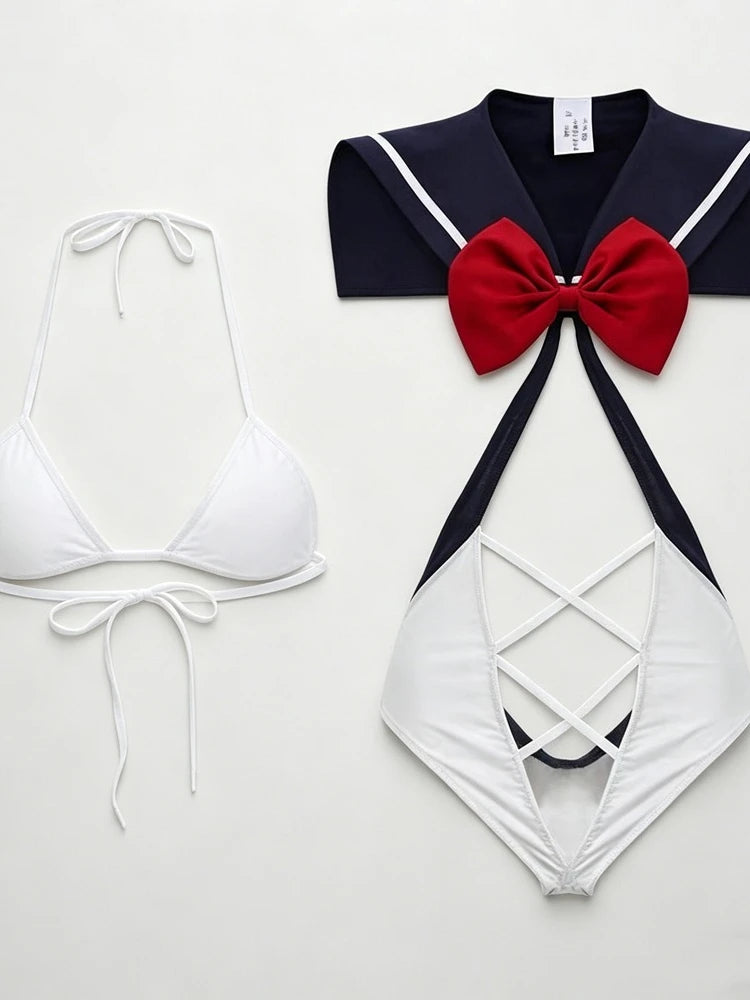 Women Sailor Collar Two-Piece Set Navy White Bow Decor Chiffon Fabric Casual Homewear Cosplay Costumes Daily Party Themed Event