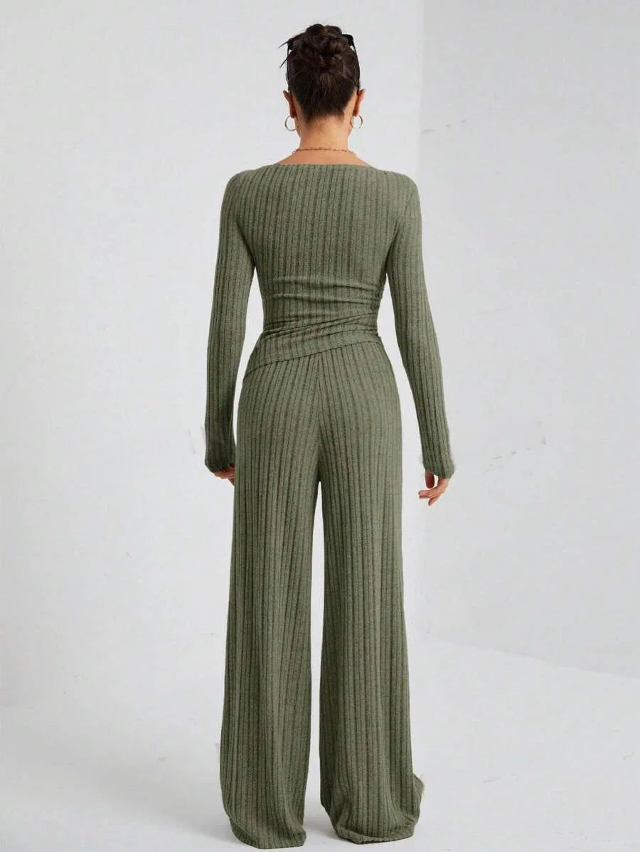 Autumn and Winter New Women's Home Clothes Sleepwear Two-Piece Set Casual Solid Color High Neck Knitted Sweater Loose Pants Y2K