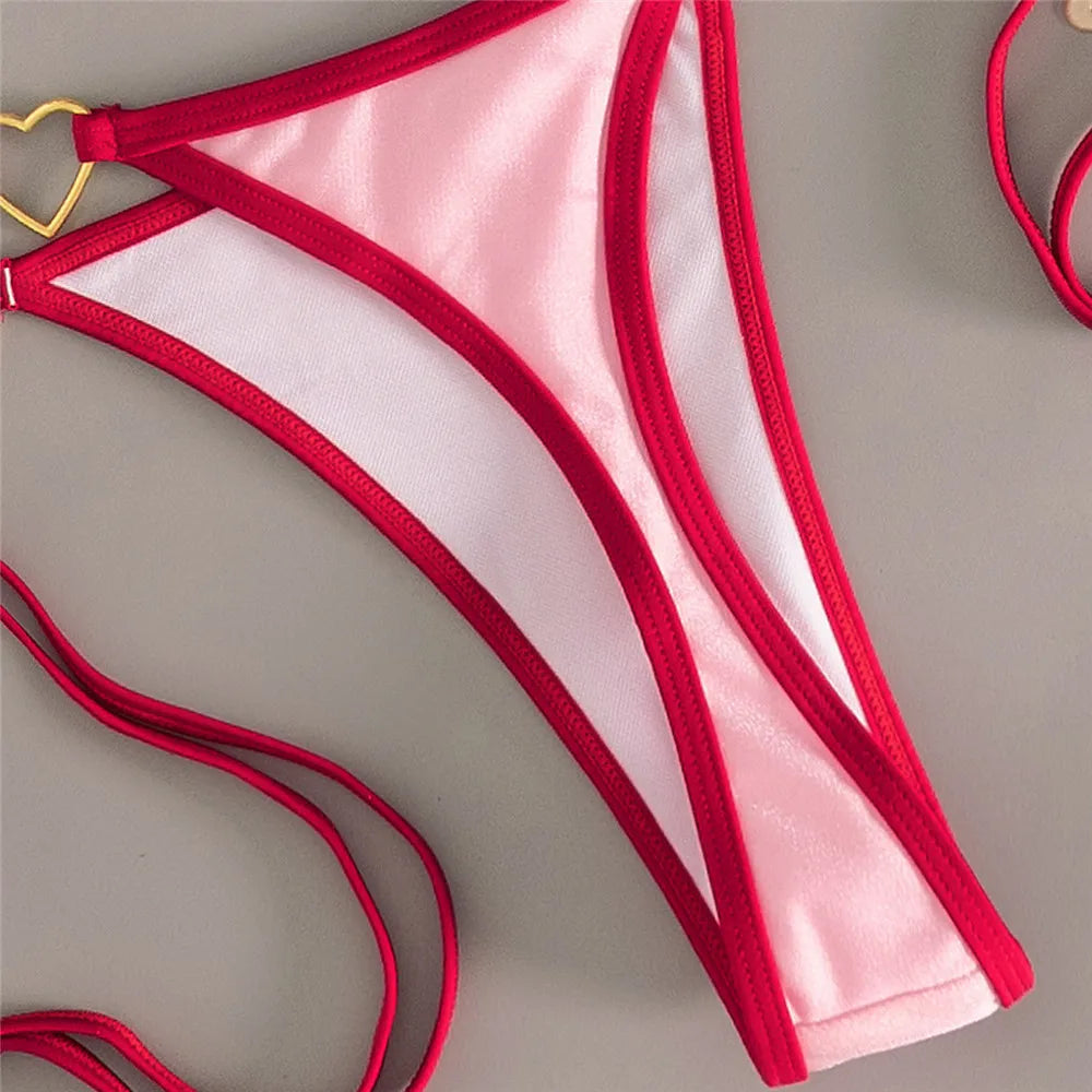 Sexy Pink Triangle Micro Bikini Thong Set Swimsuit Women 2026 Heart Metal Ring String Halter Swimwear Bathing Suit Bikinis Mujer