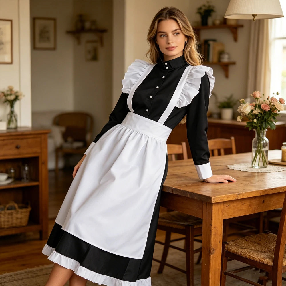 Women's Black White Maid Costume Cosplay Lingeries Ruffle Apron Long Sleeve Dresses for Halloween Party Role Play French Outfit