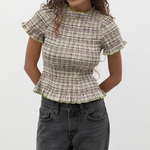 Women Casual Summer Plaid Print Shirred Tops Slim Mock Neck Short Sleeve Crop Ruffle T-shirts Streetwear