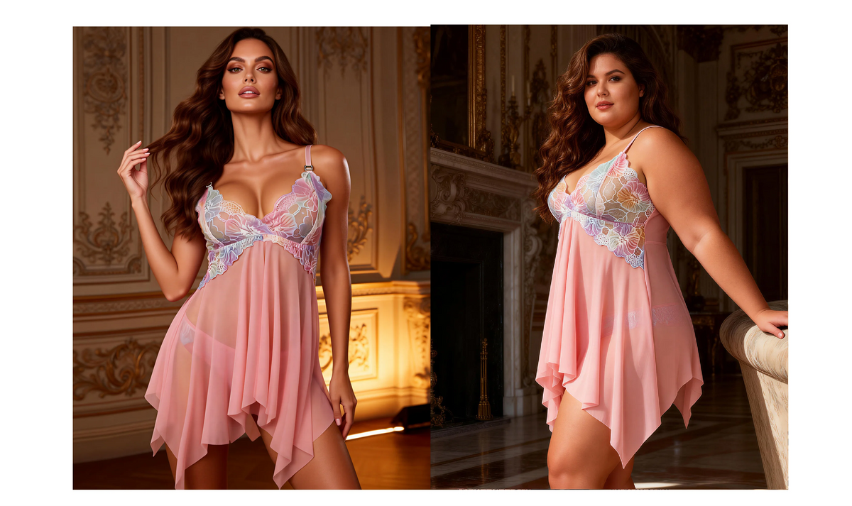 Pink Mesh Print Lace Sleep Dress for Women See Through Midi Nightgown with Panties Plus Size S-4XL
