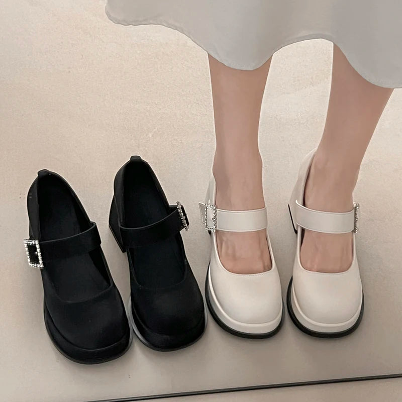Elegant Chunky Heel Mary Jane Shoes Women 2025 Crystal Buckle Strap Platform Pumps Woman Thick High Heeled Party Shoes Ladies