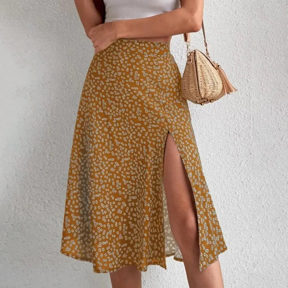 Women Summer Skirt Slit A-line High Waist Floral Print Loose Dress-up Elegant Breathable Lady Midi Skirt Female Clothes