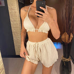 Ruffled Firlled Halter Bikini Women Swimwear Female Swimsuit Three-Pieces Bikini Set With Shorts Bather Bathing Suit Swim V5673