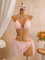 Sexy Mesh Cover Up 3 Piece Bikini Set 2026 Women White Metal Circle Push Up Bra Thong Swimwear Holiday Bathing Suit Swimsuit