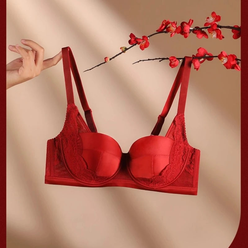 Red Elegant Beauwear Large Size Bra Women's 3/4 Cup Plunge Bras Sexy Lace Bra Unlined Underwire Bralette SWD9075