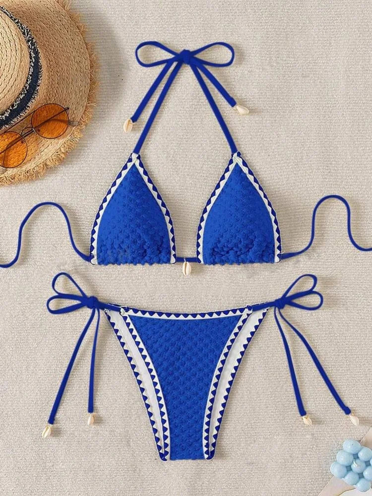 Sexy White Contrast Bikinis Sets 2026 Women Shell Ornament Push Up Tie Side Thong Swimsuit Summer Bathing Suit Micro Swimwear