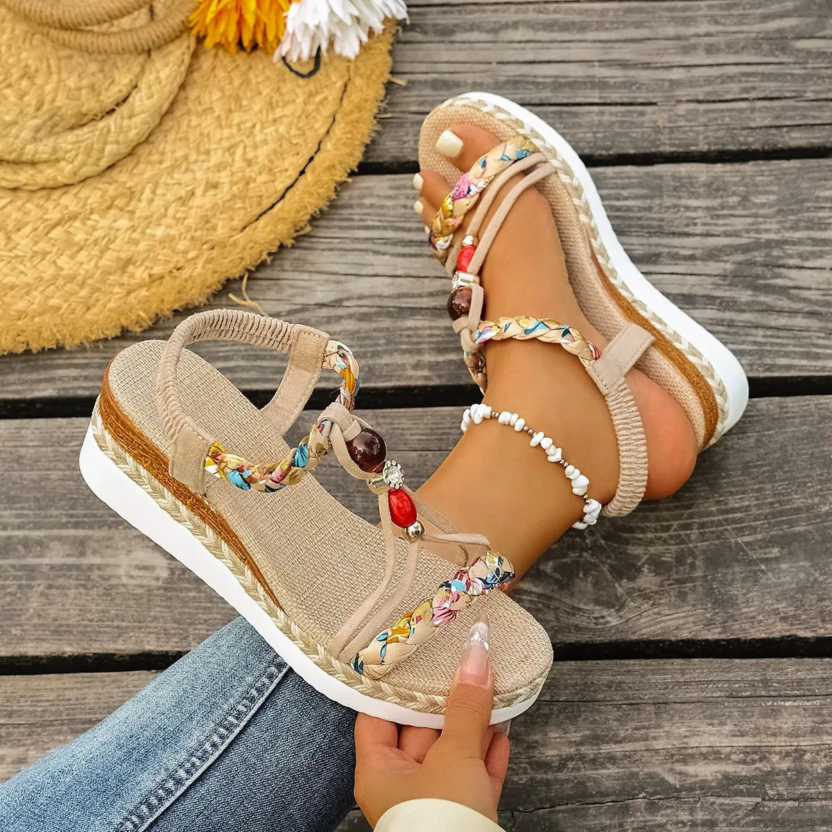 Fashion T-Strap Platform SandalsWomen New Mix Color Elastic Band Wedge Sandals Woman Summer Daily Open Toe Sandalias Female