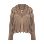Women Spring Autumn Slim Long Sleeve Open Front Coat Solid Color Collared Jacket with Tassels Black/ Coffee/ Pink