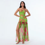 Women’s Tube Top Dress Bohemian Printed Strapless Mesh High Slit Long Dress Summer Evening Party Beach Sexy Club Dresses Summer