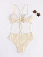 Vintage Metal U Neck Swimwear Women Solid Beige Criss Cross Backless Tummy Control One Piece Swimsuit 2026 Beach Bathing Suits