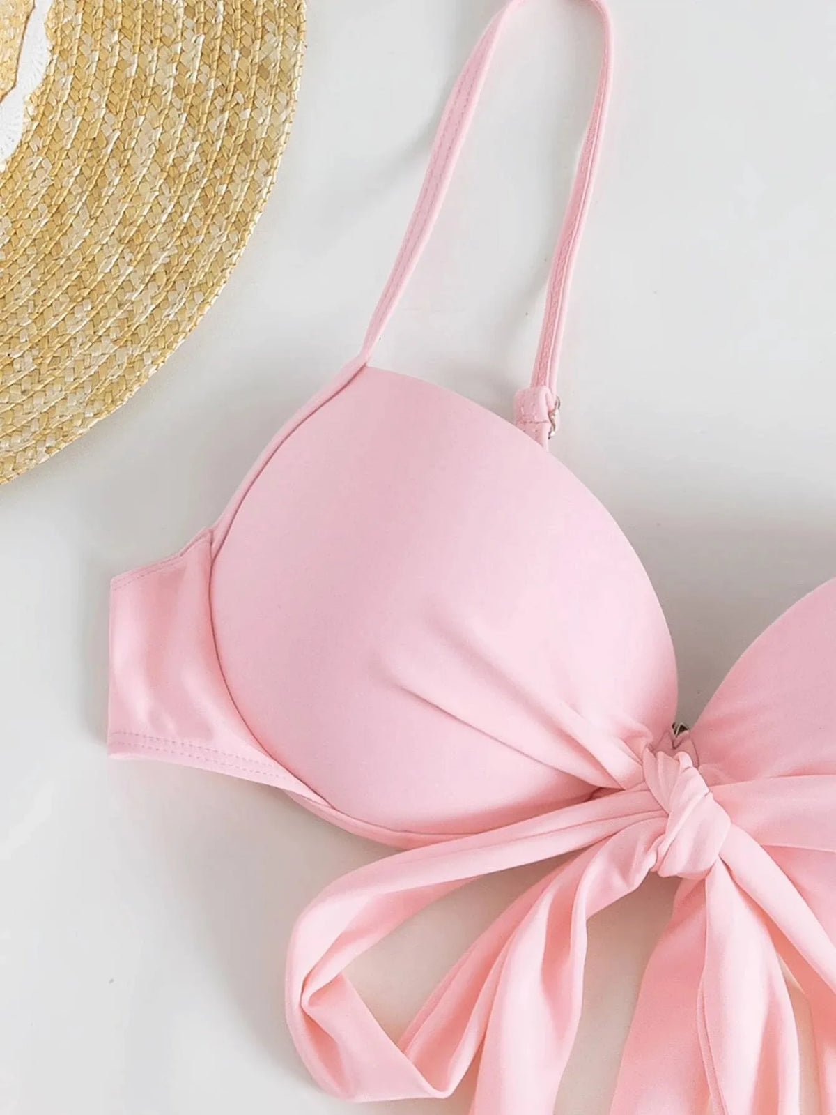 Women solid tie bow push up bikini sets three pieces with wrinkled ruffles mini skirt swimsuit bathing suit beach outfits