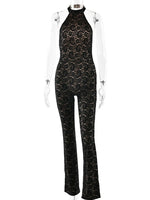 FDYOUI Women's Halter Neck Backless Evening Party Jumpsuits Lady Elegant Sleeveless Lace Overalls One Piece Bodysuit Streetwear