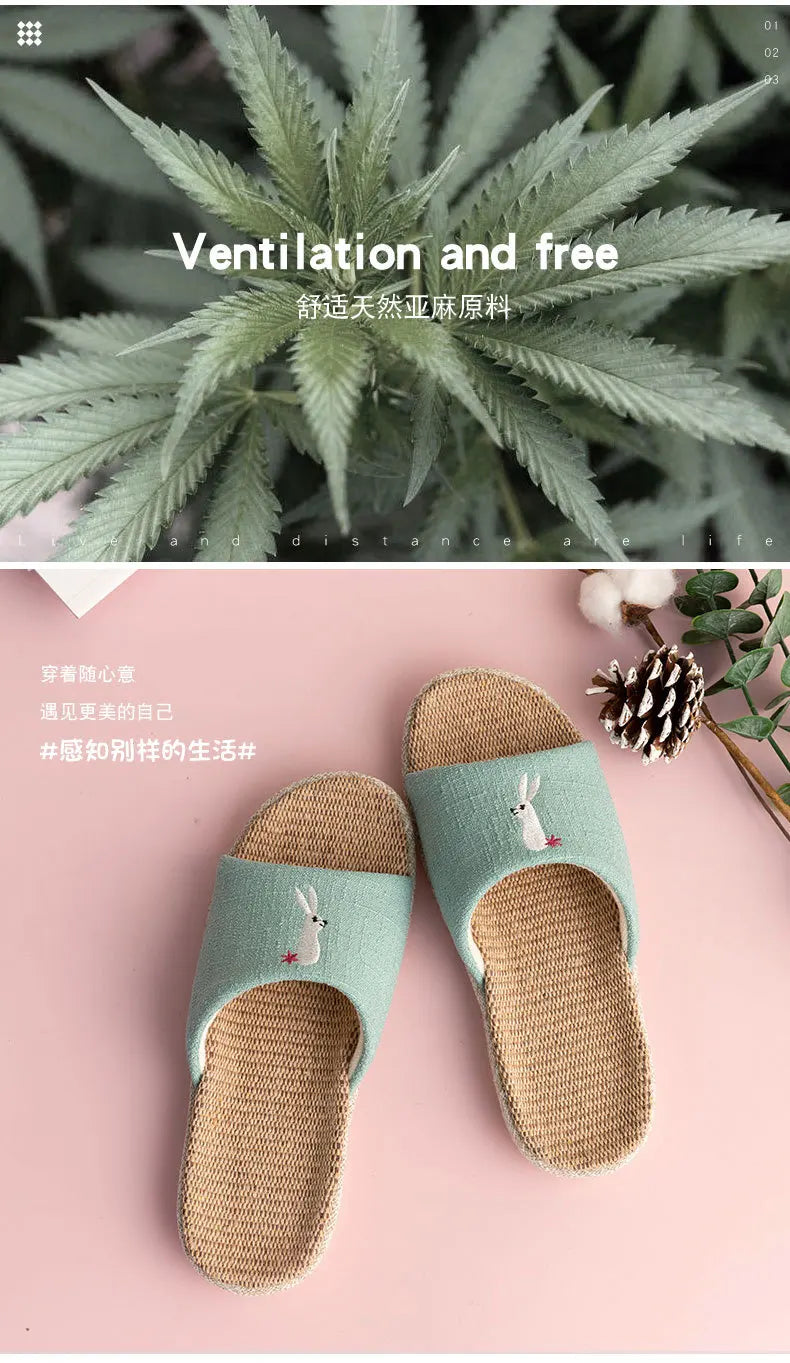 Breathable Cotton Flax Slippers For Women Men Indoor Shoes Anti-slip Light Weight Cute Cartoon Couples Home Floor Slides