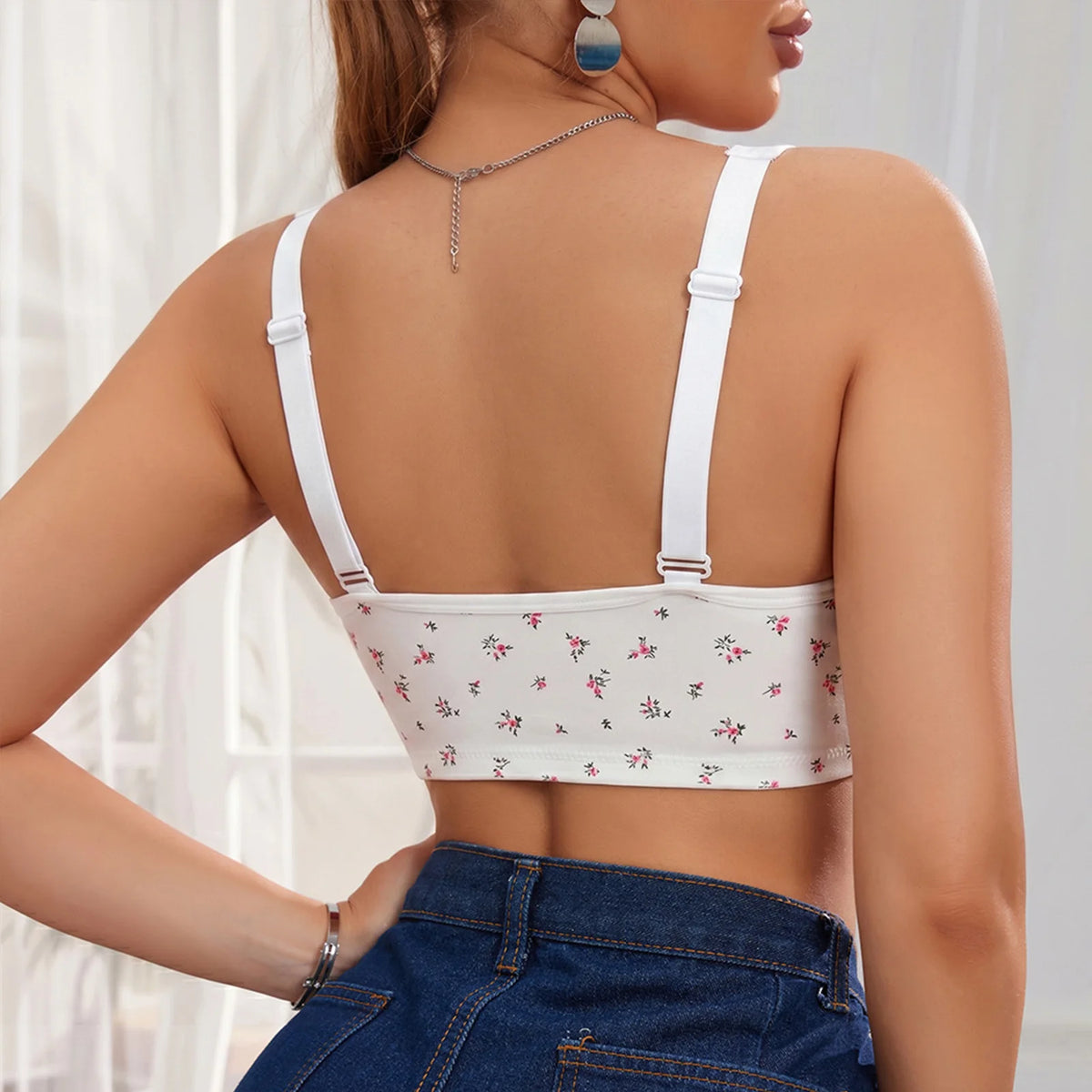 Women Lace Trim Butterfly Print Front Closure Wireless Bralette Comfortable Breathable Brassiere Plus Size Padded Push Up Bras