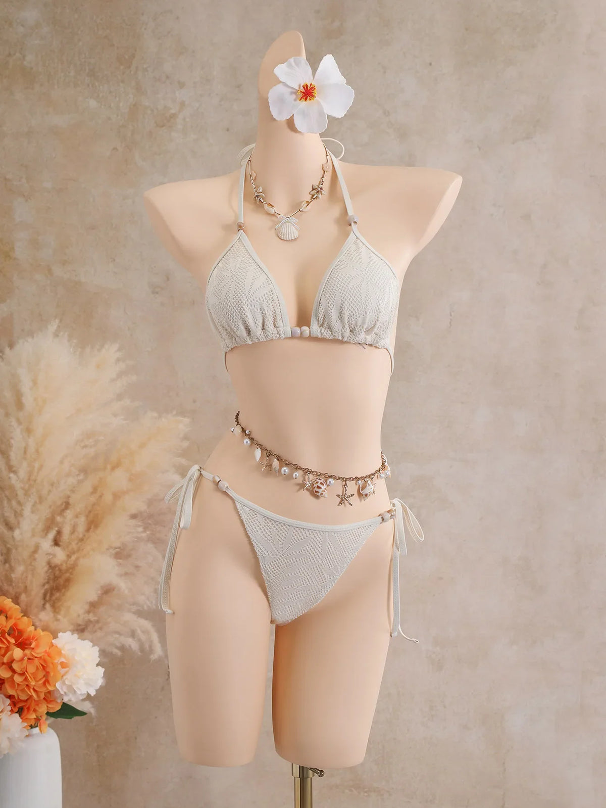 Vintage Coffee Leaves Print Mesh Skirt 3 Piece Bikinis Sets 2026 Women Beach Pearls Push Up Thong Swimsuit Bathing Suit Swimwear