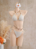 Vintage Coffee Leaves Print Mesh Skirt 3 Piece Bikinis Sets 2026 Women Beach Pearls Push Up Thong Swimsuit Bathing Suit Swimwear