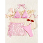 S - XL Three-pieces Bikini set With Skirt Flowers Sequins Bikini Female Swimsuit Women Swimwear Bather Bathing Suit Swim V7864