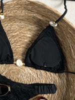 Sexy Beige Black Micro Bikini Set 2026 Women Pearls Strap Push Up Bra Pleate Thong Swimsuit Beach Bathing Suit Holiday Swimwear
