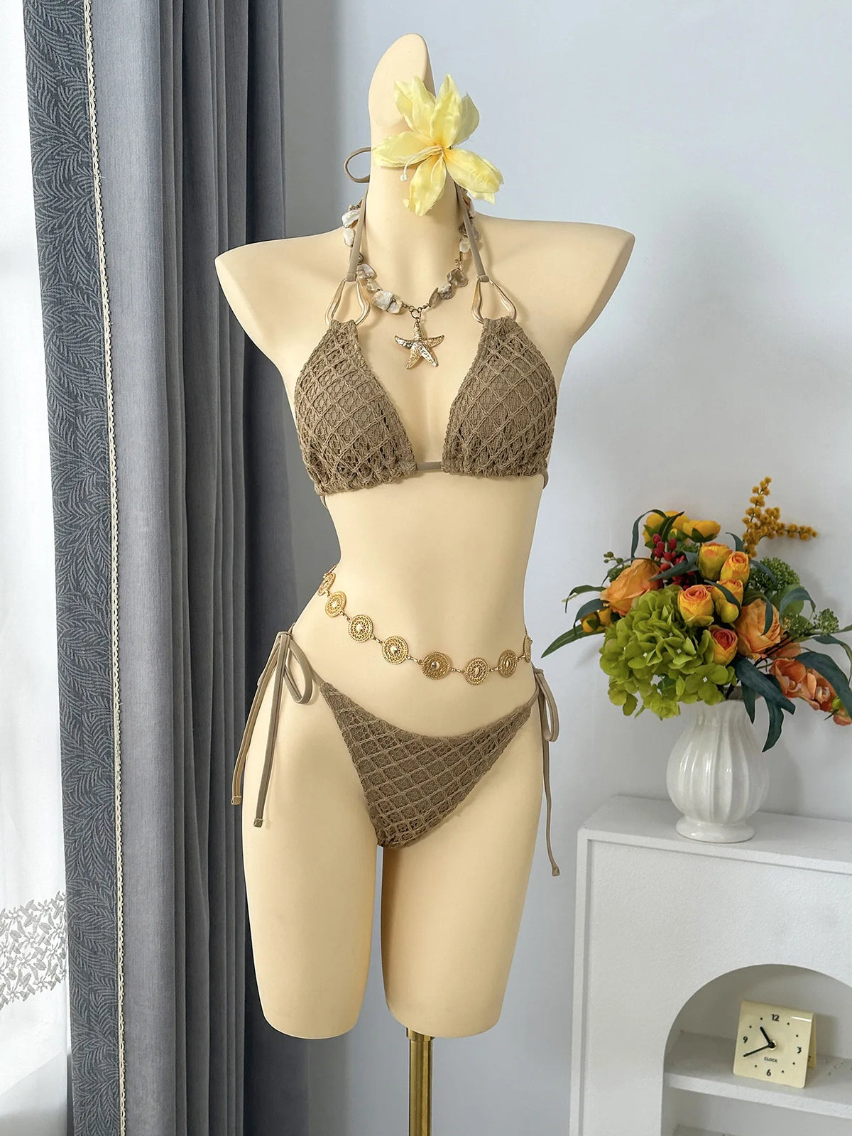 Sexy Mesh Cover Up 3 Piece Bikinis Sets 2026 Women Black Metal Chain Strap Push Up Thong Swimsuit Holiday Bathing Suit Swimwear